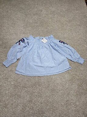 Koton Turkey Ladies Long Sleeve Blue Stripe Floral Sleeve Blouse EU 42 US 10
